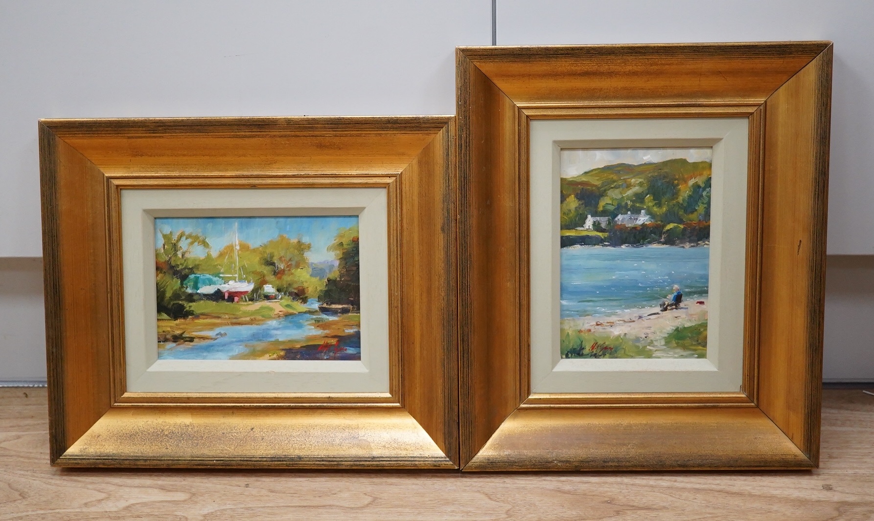 Impressionist, pair of oils on board, Riverscape with moored boats and lakeside scene, each indistinctly signed, Mat ..?, each 17 x 12cm, gilt framed. Condition - good